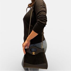 CHANEL Black Suede & Leather Chain-Handle Shoulder Bag